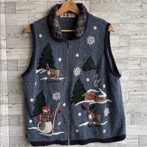 Vintage Victoria Jones Sweater Vest Ramie Angora Winter Cabin Snowman Fishing XL
